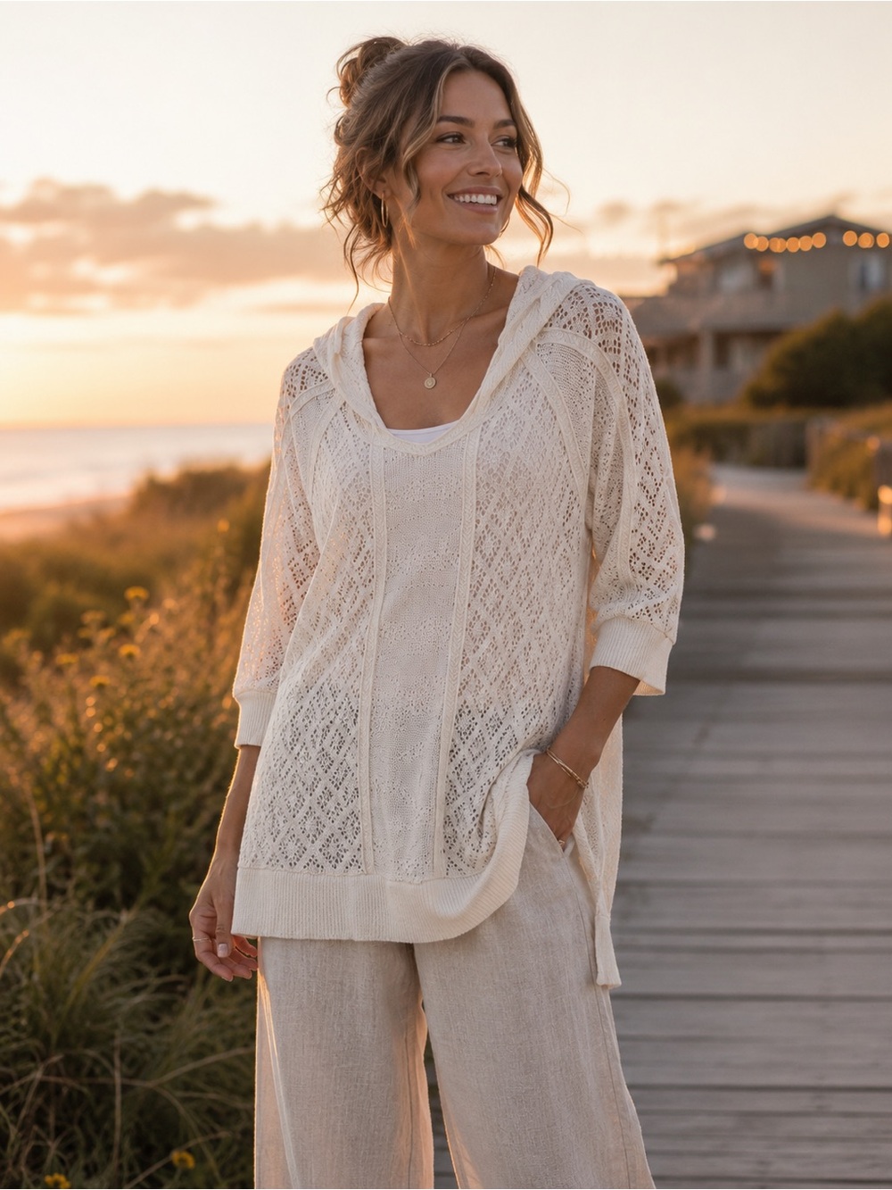 Anthropologie Meadow Rue Pointelle Open Knit Hooded Tunic Sweater Cream XS